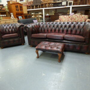 Oxblood Red Chesterfield Sofa, Armchair & Footstool