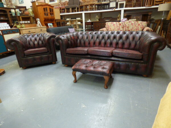 Oxblood Red Chesterfield Sofa, Armchair & Footstool
