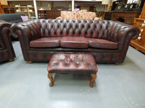 Oxblood Red Chesterfield Sofa, Armchair & Footstool - Image 2