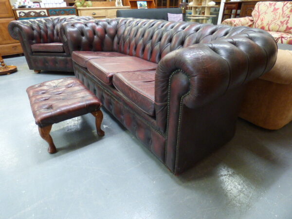 Oxblood Red Chesterfield Sofa, Armchair & Footstool - Image 4